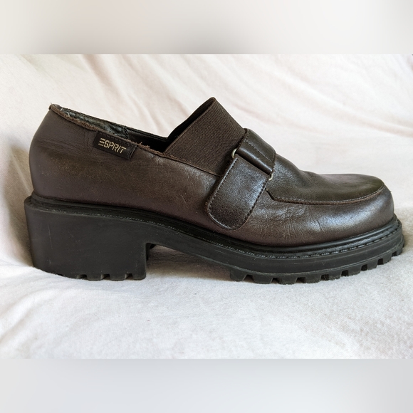 Vintage Espirit Y2K chunky brown leather loafers heels 6.5 90s academia platform - Picture 2 of 11